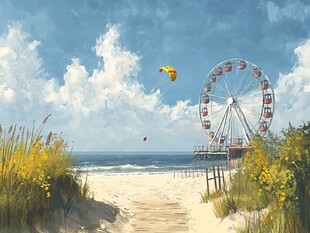 海滨沙滩上的摩天轮风光
