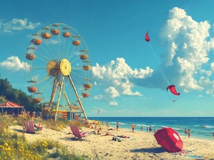 夏日海滨的欢乐游乐时光