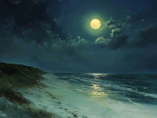 月夜下的静谧海滩美景