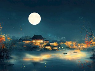 月夜中式水乡静谧美景