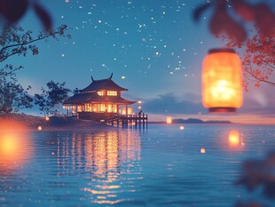 湖畔古亭月夜梦幻景致