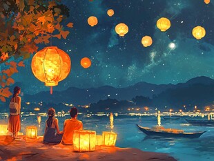 河畔赏灯夜 浪漫氛围感