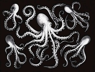 黑白章鱼插画图案设计