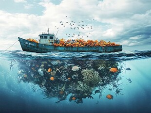 海上垃圾船与海底生态景象