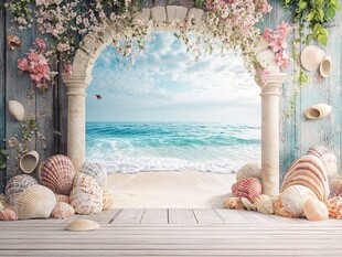 浪漫海边拱门贝壳装饰景