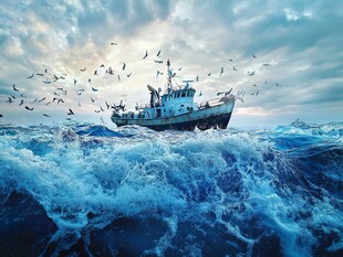 海上渔船伴群鸟踏浪前行