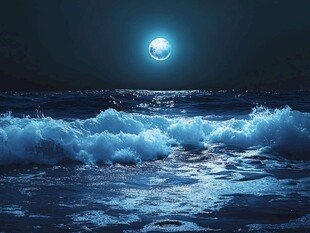 月夜下的海浪与静谧海洋
