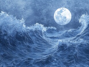 月夜下的汹涌蓝色海浪