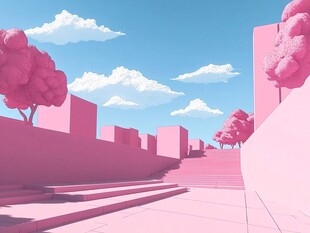 梦幻粉色城市景观插画