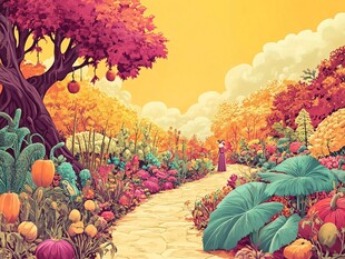 梦幻秋日花园小径风景