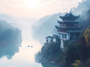 江畔古楼映于山水间