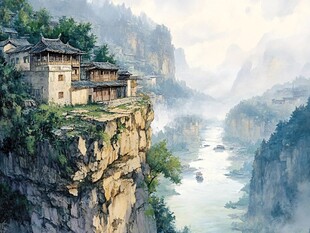 悬崖古居映于山水间