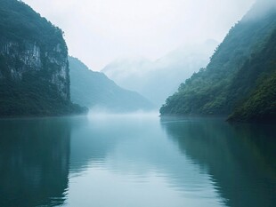 雾漫山水间的静谧风光