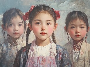 三个扎辫的可爱民国女孩