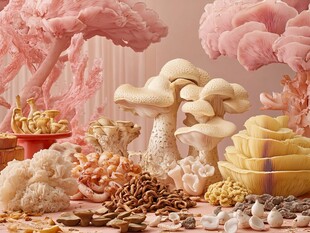 梦幻粉色系菌类等食材景观