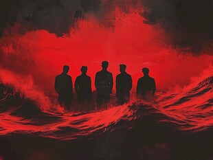 五人立于红浪前的剪影