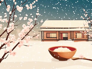 雪中日式小屋前的米饭场景