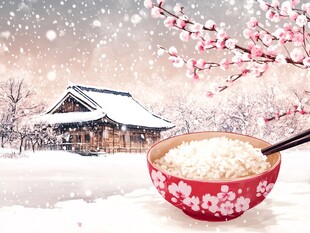 雪中日式美景与温馨米饭