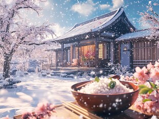 雪中日式小屋与美食场景