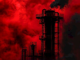 红色烟雾中的工业设施