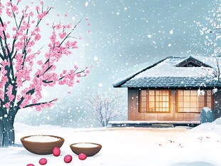 雪中樱景下的静谧小屋