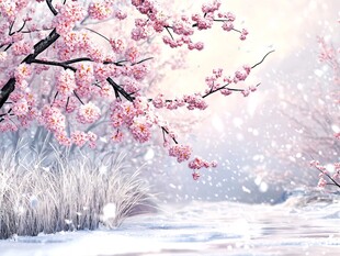 雪中绽放的浪漫粉色樱花