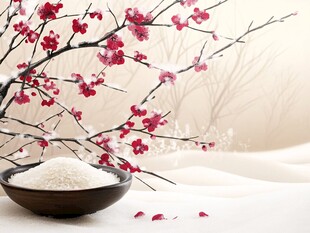 雪中红梅下的一碗白米