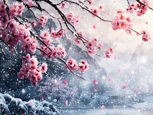 雪中绽放的浪漫粉色樱花