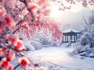 雪中红梅映古亭的诗意景致