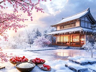 雪中日式小屋前的丰收景象