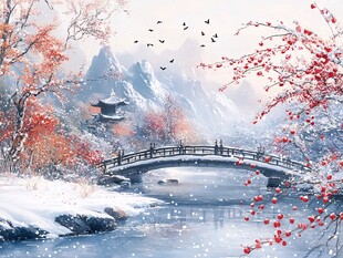冬日雪景中的诗意桥畔风光