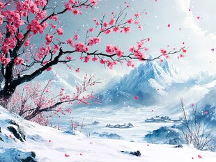 雪中绽放的烂漫粉色梅花