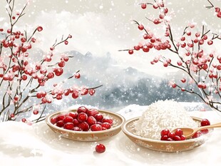 雪境中的红果与白米美景