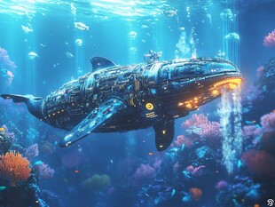 机械鲸鱼畅游奇幻海底世界