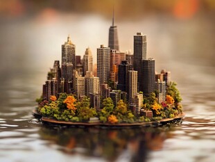 微型城市景观漂浮于水面