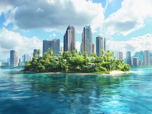 海上绿岛旁的现代都市景观