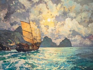 海上帆船迎晖行