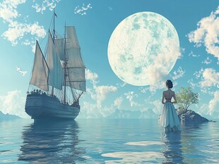 少女望海船与满月之景