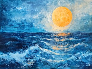 海上明月夜 油画艺术风景