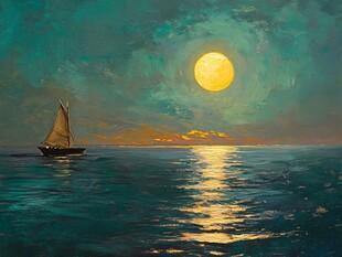 月夜海面上的孤独帆船