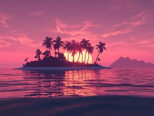 梦幻粉紫海岛日落美景