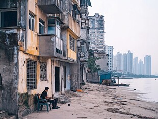 海滨老旧居民楼前的静谧