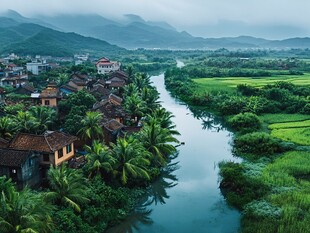 河畔村庄 绿野环绕的美景