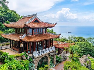 海滨中式楼阁美景