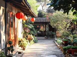古巷小院 红灯绿植映暖阳