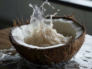 椰汁飞溅的新鲜开壳椰子