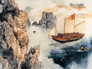 水墨山水间的扬帆航船