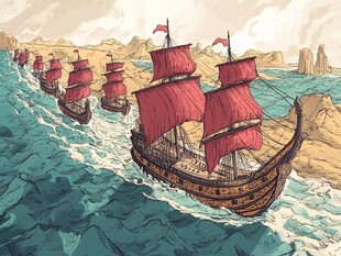 古代船队在海上破浪前行