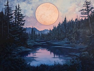 月夜森林湖畔美景