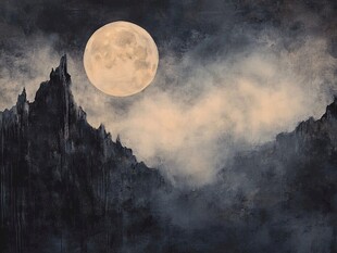 月夜群山云雾缭绕景象